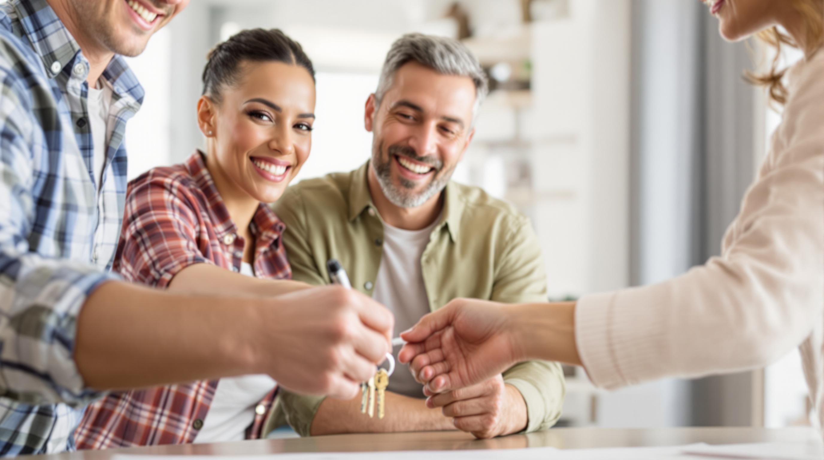 Smiling family signing papers receiving keys home